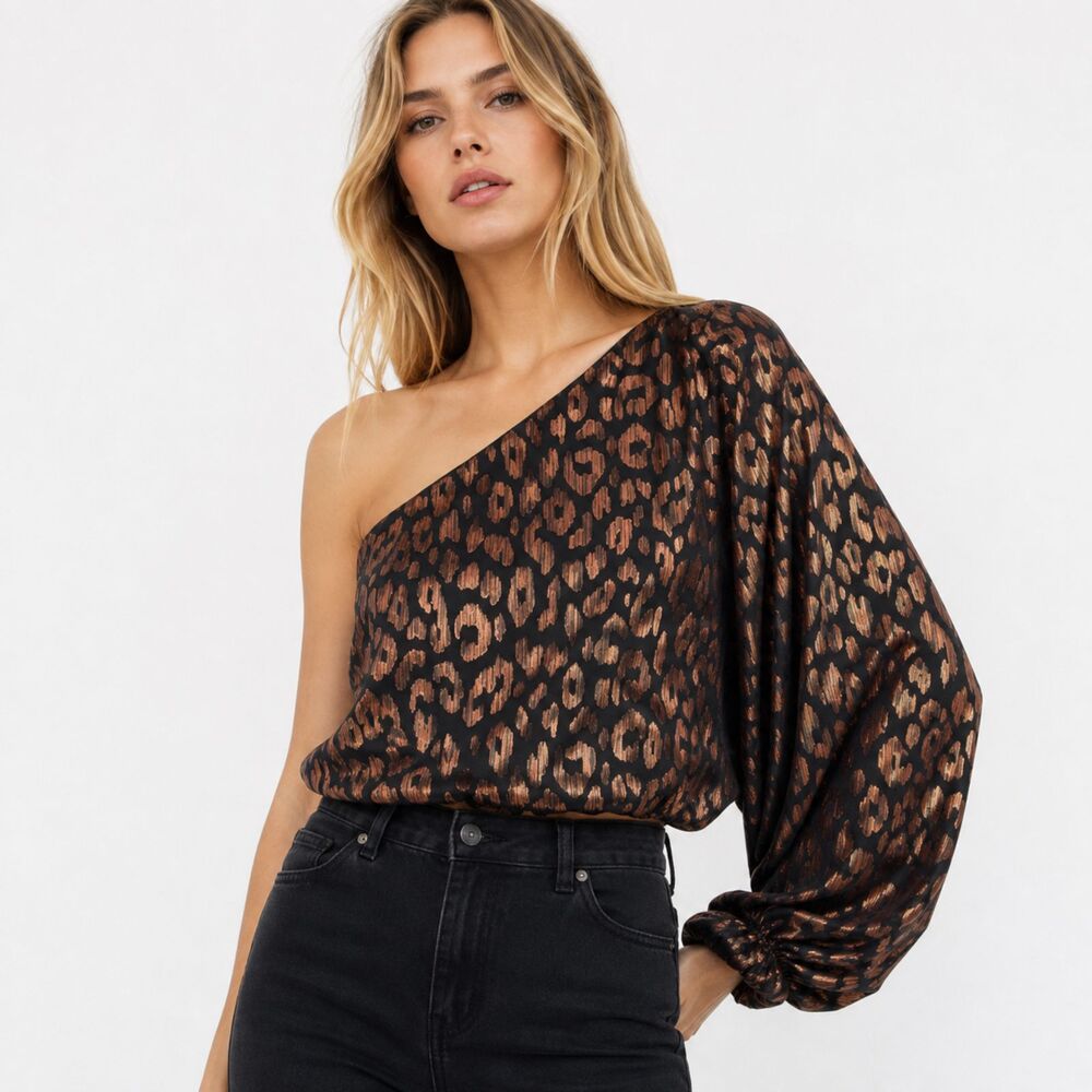 Anthropologie Do + Be Metallic Leopard One Shoulder Balloon Sleeve Top S NWOT